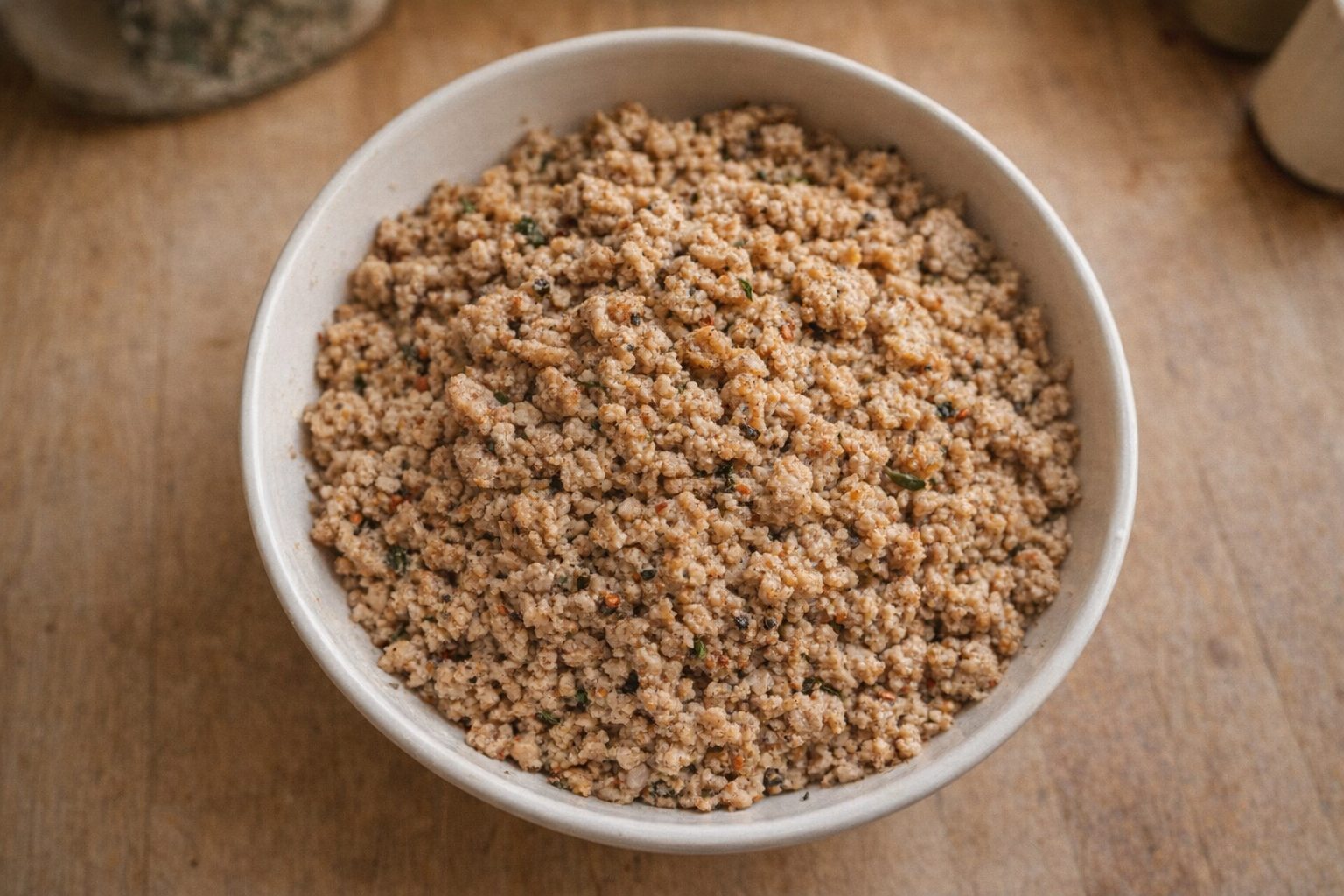 A top-down studio shot of a bowl filled with perfectly cooked ground chicken, seasoned and ready to be incorporated into various dishes. Warm, diffused lighting highlighting the texture of the meat.